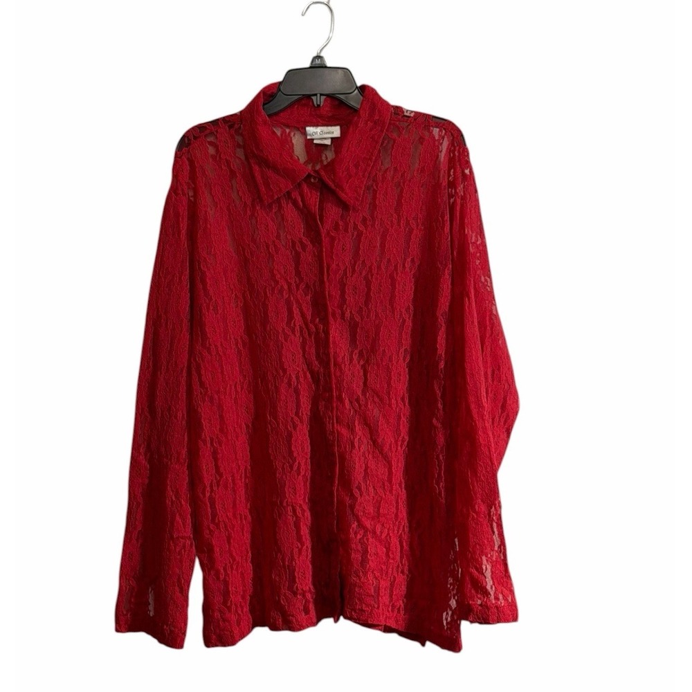 CW Classics Blouse 2X Sheer Red Floral Lace Button Up Long Sleeve Whimsigoth Y2K